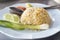 Thai fried rice with crab meat served with vegetable