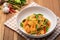 Thai fusion food.stir fried pasta with spicy chilli and shrimp mix with green peppercorn Fingerroot and kaffir lime leaves