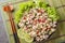 Thai Larb Gai salad made with ground chicken, red onion and fresh herbs closeup on the plate. Horizontal top view