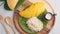 Thai mango with sticky rice, Thai desserts are made from ripe mango and sticky rice cook until cooked, sprinkle with coconut milk,