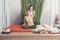 Thai Masseuse doing massage for lifestyle woman in spa salon. Asian beautiful woman getting Thai herbal massage compress massage i