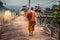 Thai monk with lotus flowers in his hands walking on a stony road at Wat Phu Tok