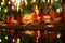Thai monks meditate around buddha statue among many lanterns