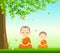 Thai monks and thai novice, Buddhism meditation sit down vector, on grass with under tree