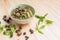 Thai mushroom soup with tamarind leaves.