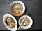 thai noddle of jumbo pork ball, pig liver, pork slide and vegetable on wooden table, hot noodle with blood pink for soup, in Thai