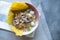 Thai noodle soup with pork balls, minced pork, liver with fried dumplings