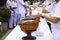 Thai people and practitioner observe religious or practice dharma join tradition merit ritual respect praying and put food