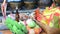 Thai people prepare and putting Sacrificial offering food on wooden table for pray to god