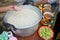 Thai people use ladle soup scoop up boiled rice or rice congee p