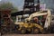 Thai people workers builder used heavy machinery working ancient architecture building at construction site at Wat Tham Krabok