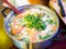 Thai Rice Soup with shrimp Khao Tom Goong. Asian style breakfast