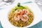 Thai shrimp fried rice, khao pad goong, served on deep white plate