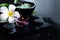 Thai Spa.  Top view of white Plumeria flower setting for massage treatment and relax on concrete blackboard with copy space.