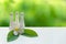 Thai Spa Treatments and massage flower on wooden white with green nature background. banner. lots of copy space.