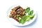 Thai spicy chop duck meat salad eat couple  fresh cabbage and Vietnamese coriander on plate