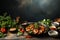 Thai spicy food and ingredients with vegetables in kitchen and lighting studio