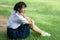 Thai student teen relax Sitting On Park