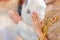 Thai traditional greeting with bride and groom hands, Thai wedding engagement ceremony