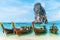 Thai traditional wooden longtail boat and beautiful sand beach at Koh Poda island in Krabi province.  Ao Nang, Thailand ,Krabi