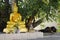 Thai vagabond people sleeping on floor under Ficus religiosa with buddha statue