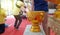 Thai water bowl on blurred background ,Thai Ordination Ceremony ,Thai Culture for Every Man Becoming a New Monk or Priest