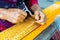 Thai Woman Making Ties Mudmee Board Weaving or Ikat Thai Silk Pa