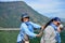 Thai woman and old women playing and portrait with view of Khao