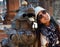 Thai woman portrait with Statue image Lion guarding