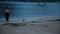 Thai women walking relax and jogging exercise dog leash on beach at Prachuap Bay in Gulf of Thailand