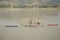 Thai worker people demolition wood structure of floating restaurant in Mekong river because flood