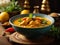Thai Yellow Curry Soup, turmeric broth cradles chunks of chicken meat