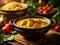 Thai Yellow Curry Soup, turmeric broth cradles chunks of chicken meat