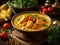 Thai Yellow Curry Soup, turmeric broth cradles chunks of chicken meat