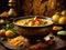 Thai Yellow Curry Soup, turmeric broth cradles chunks of chicken meat