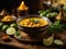 Thai Yellow Curry Soup, turmeric broth cradles chunks of chicken meat