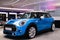 Thailand, Bangkok -28 February 2018 : Blue Mini Cooper Mini Hatch 3-Door car with white line showing in the MINI showroom at the