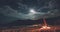 Thailand beach night timelapse: fire at sand ocean shore with mountain silhouette at moon, stars sky