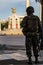 Thailand Democracy Monument with soldier silhouette