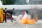 Thailand : July 30, 2019 :Peoples preparedness for fire drill and training to use a fire safety tank in the hospital.Udonthani,