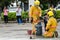 Thailand : July 30, 2019 :Peoples preparedness for fire drill and training to use a fire safety tank in the hospital.Udonthani,