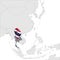 Thailand Location Map on map Asia. 3d Thailand flag map marker location pin. High quality map of Kingdom Tails. Southeast Asia Map