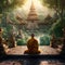 Thailand monk meditating front beautiful temple Graphic illustration