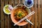 Thailand Northern Style Curried Noodle Soup with Beef. Khao Soi