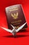 Thailand passport and paper bird on red background