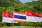 Thailand and Singapore flags blown on the flagpole with forrest