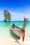 Thailand summer travel sea, Thai old wood boat at sea beach Krabi Phi Phi Island Phuket.