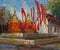 Thailand temple golden pagoda red flags acrylic oil painting tex