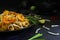 Thailand traditional cuisine, Pad thai, dried noodle, fried noodles, shrimp and seafood, street food, dark food photography