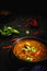 Thailand traditional cuisine, Red curry, curry soup, street food, dark food photography